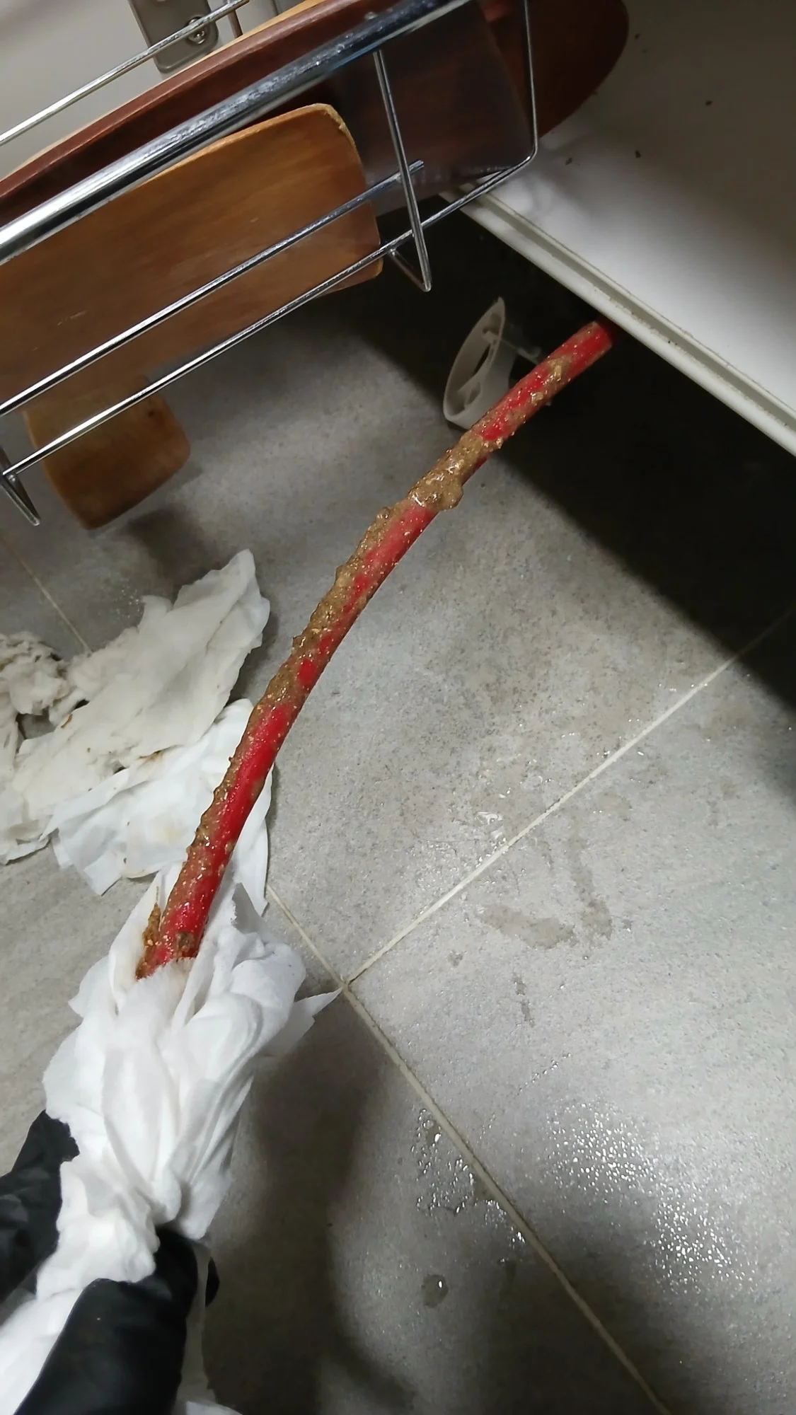 배관에서 빼낸 플렉스 샤프트 케이블 표면에 두껍게 엉겨 붙은 갈색 기름때